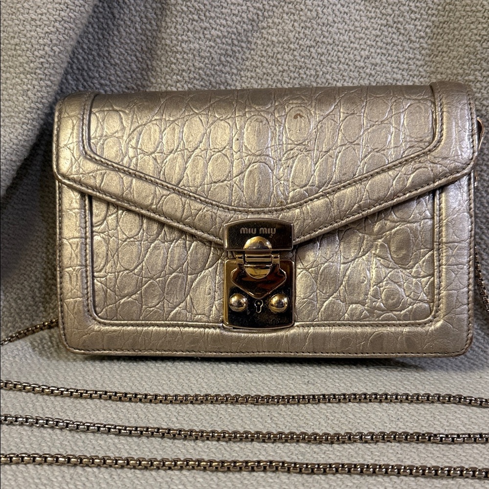 Authentic Miu Miu Croc-Embossed Metallic Crossbody Bag with COA